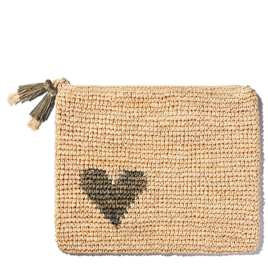 Fashion AERIN Clutches & Pouches | Large Heart Raffia Zip Pouch