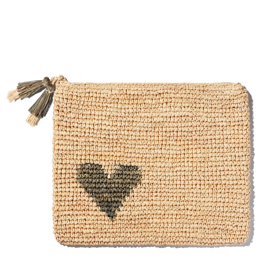 Fashion AERIN Clutches & Pouches | Large Heart Raffia Zip Pouch